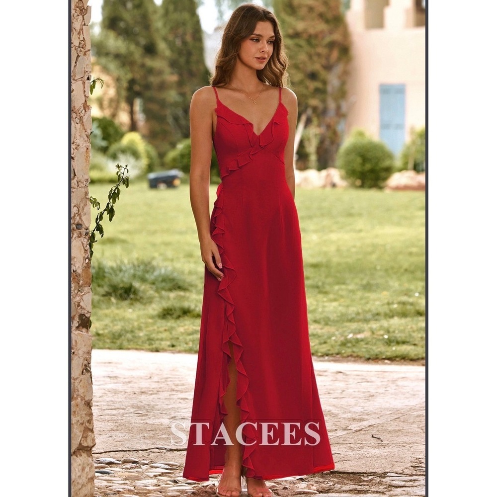 NWT Stacees Red Ruffle V-Neck Maxi Dress Wedding Special Occasion Size 10 S6137B